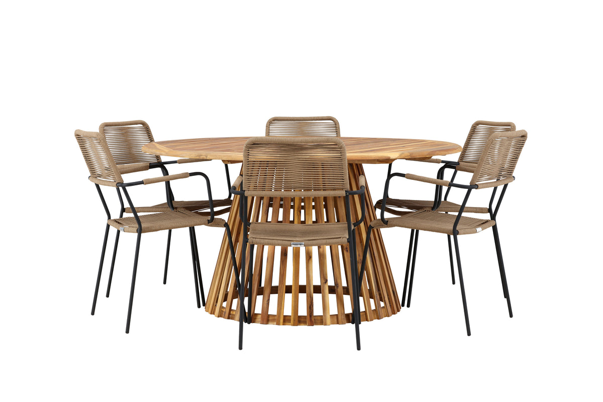 Tucumán/Lindos matgrupp med karmstolar Ø120 cm akacia/svart/lattebeige