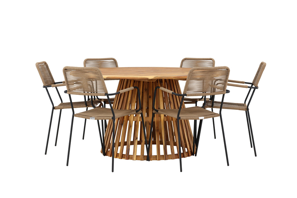 Tucumán/Lindos matgrupp med karmstolar Ø120 cm akacia/svart/lattebeige