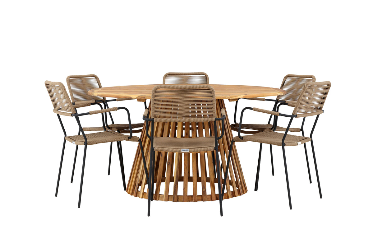 Tucumán/Lindos matgrupp med karmstolar Ø120 cm akacia/svart/lattebeige