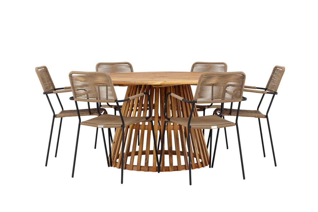Tucumán/Lindos matgrupp med karmstolar Ø120 cm akacia/svart/lattebeige