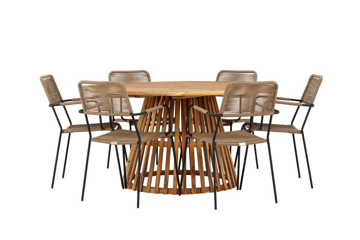 Tucumán/Lindos matgrupp med karmstolar Ø120 cm akacia/svart/lattebeige