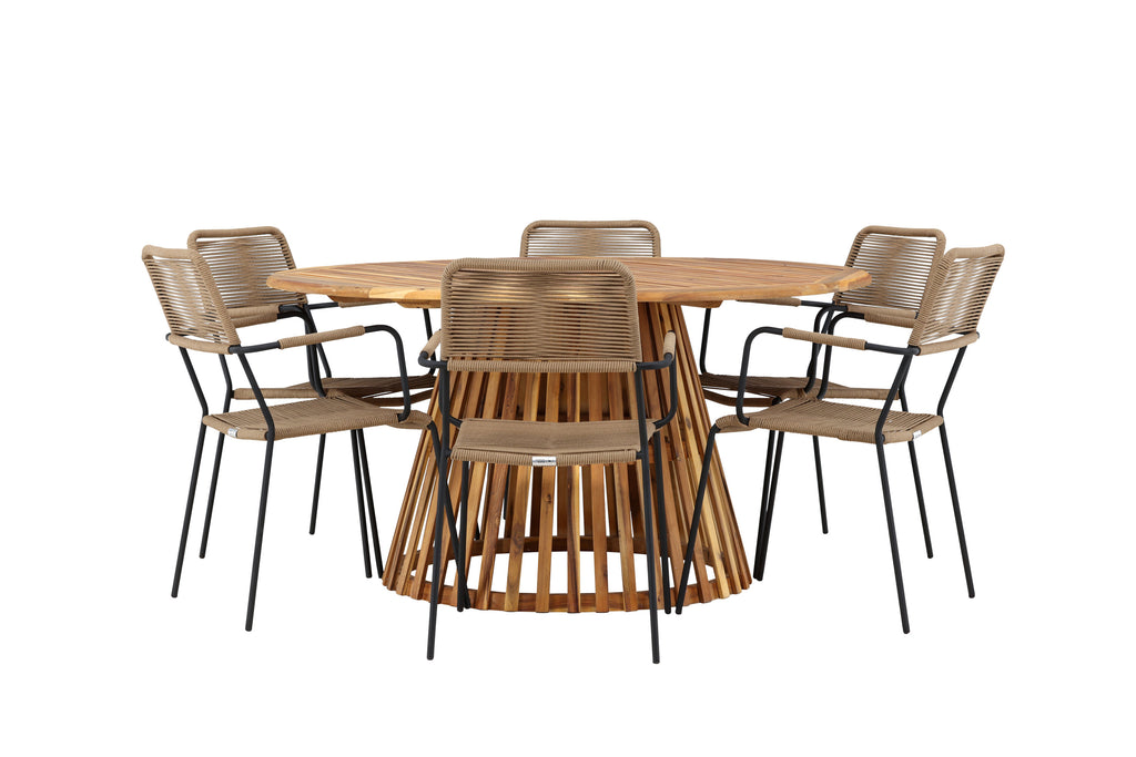 Tucumán/Lindos matgrupp med karmstolar Ø120 cm akacia/svart/lattebeige