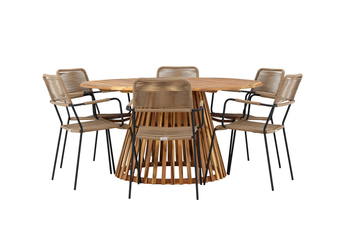 Tucumán/Lindos matgrupp med karmstolar Ø120 cm akacia/svart/lattebeige
