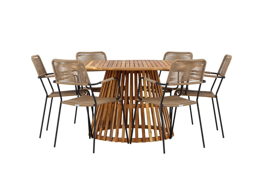 Tucumán/Lindos matgrupp med karmstolar Ø120 cm akacia/svart/lattebeige