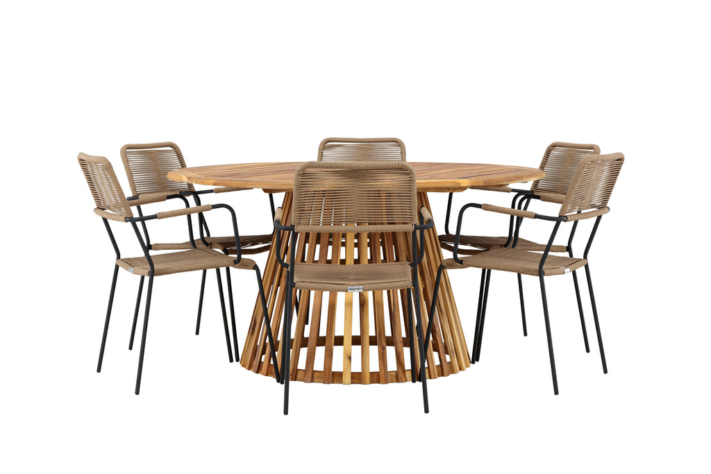 Tucumán/Lindos matgrupp med karmstolar Ø120 cm akacia/svart/lattebeige