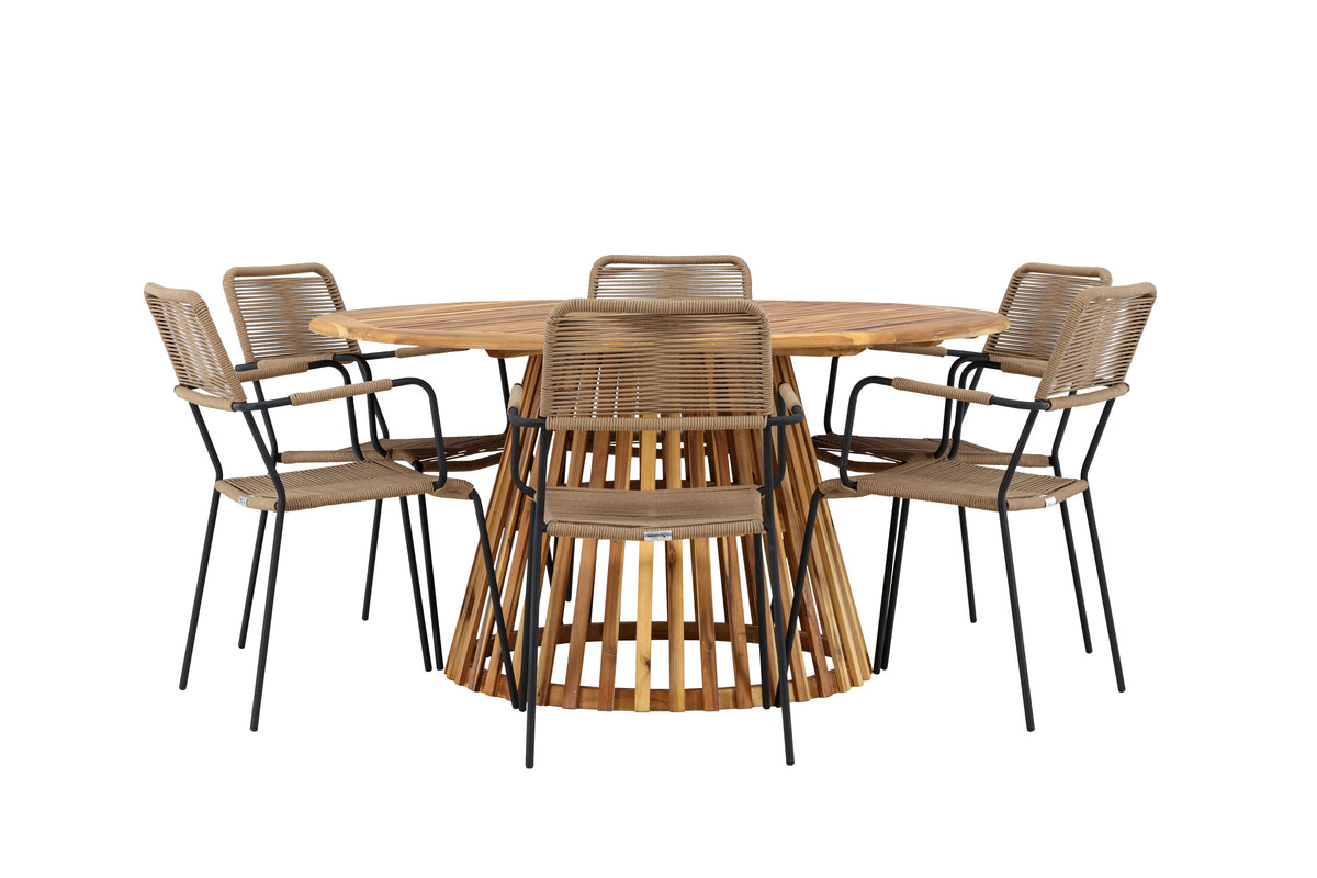 Tucumán/Lindos matgrupp med karmstolar Ø120 cm akacia/svart/lattebeige