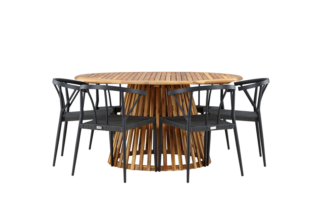 Tucumán/Stina matgrupp Ø120 cm akacia/svart konstrotting