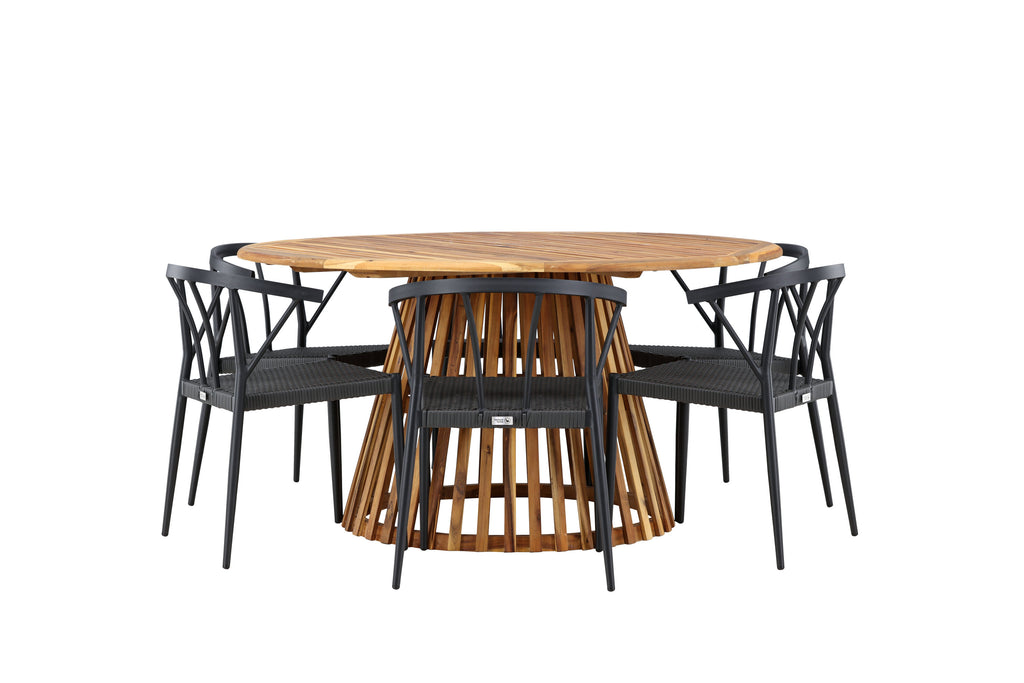 Tucumán/Stina matgrupp Ø120 cm akacia/svart konstrotting