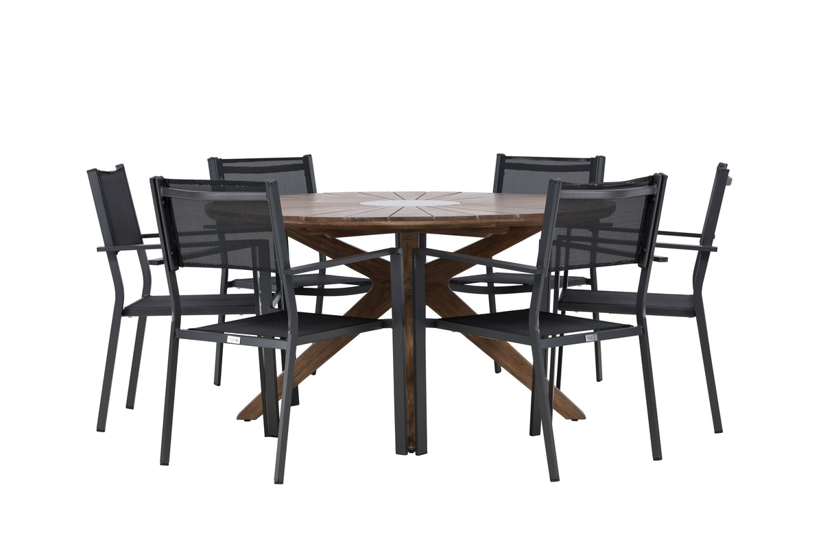 Rosario matgrupp Ø140 cm i teak med svarta Copacabana-stolar