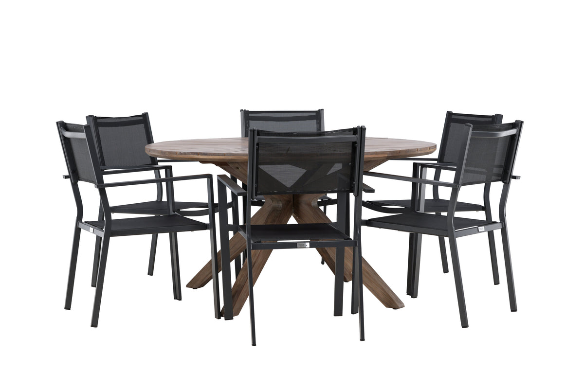 Rosario matgrupp Ø140 cm i teak med svarta Copacabana-stolar