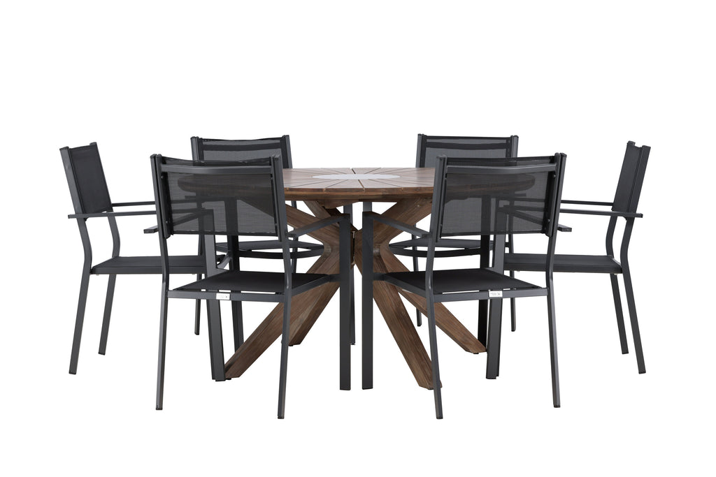 Rosario matgrupp Ø140 cm i teak med svarta Copacabana-stolar