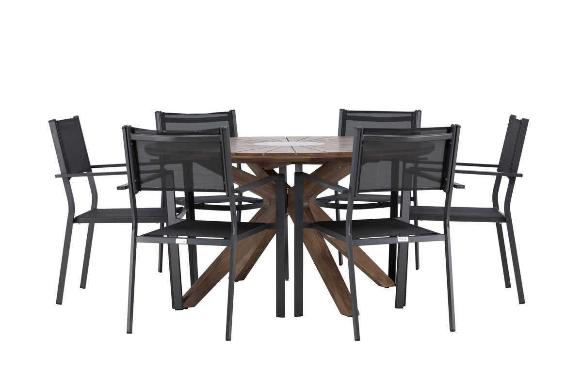 Rosario matgrupp Ø140 cm i teak med svarta Copacabana-stolar