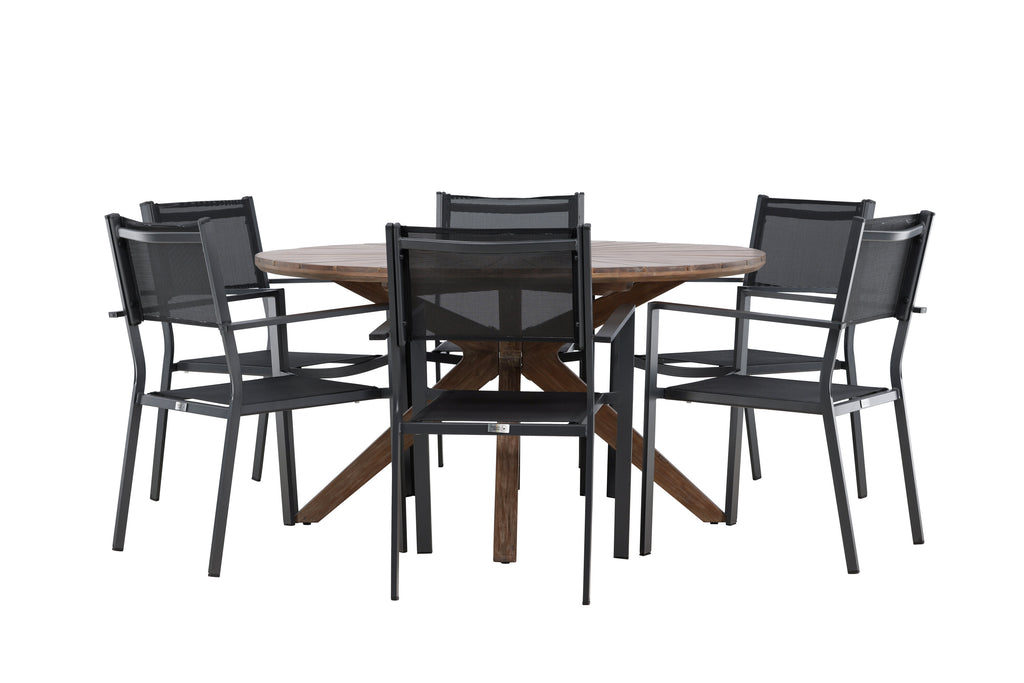 Rosario matgrupp Ø140 cm i teak med svarta Copacabana-stolar