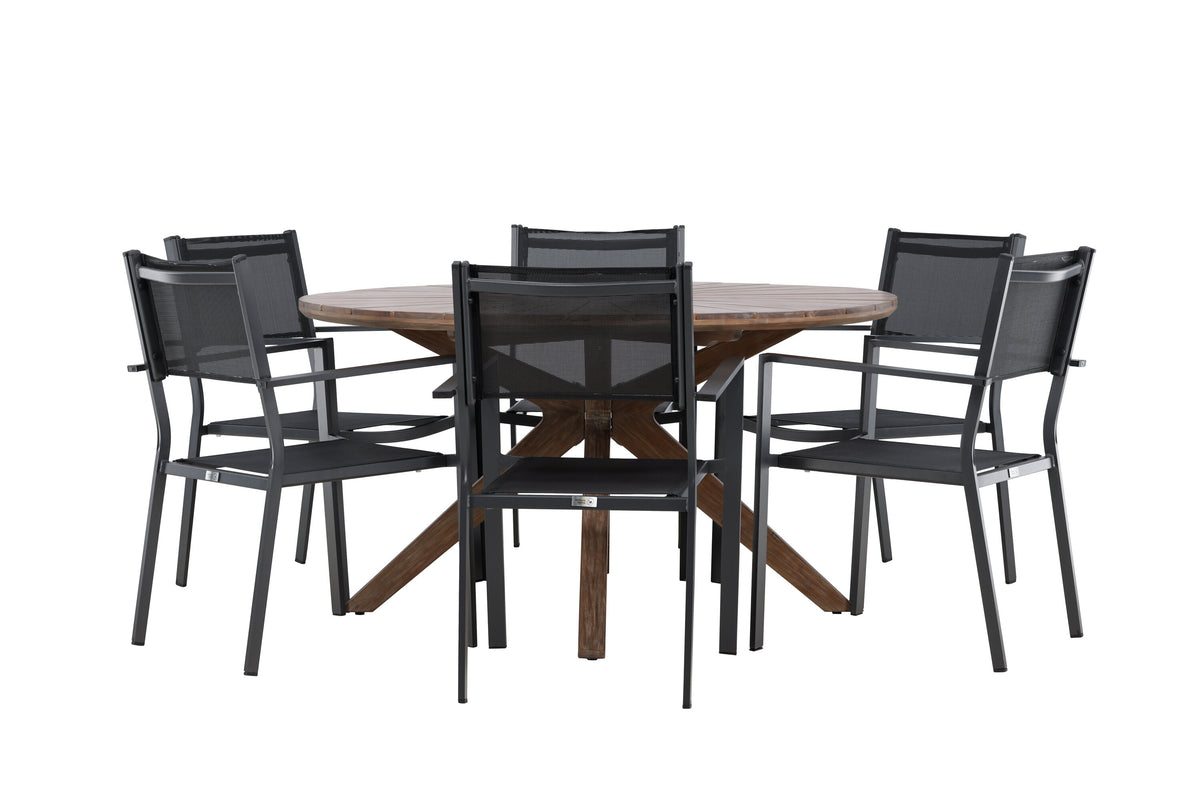 Rosario matgrupp Ø140 cm i teak med svarta Copacabana-stolar