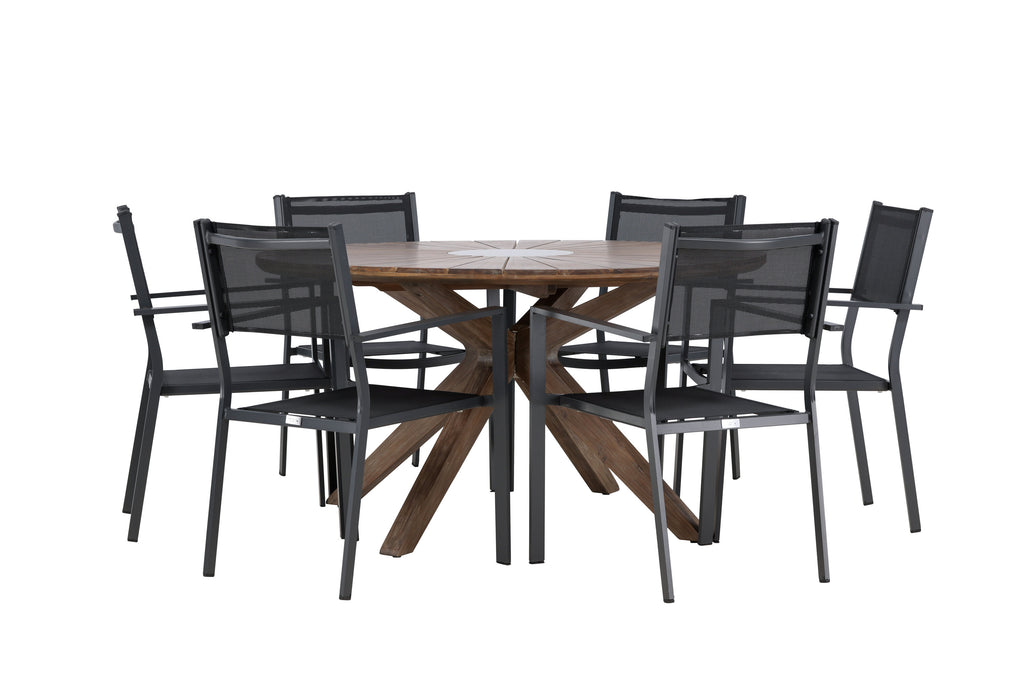Rosario matgrupp Ø140 cm i teak med svarta Copacabana-stolar