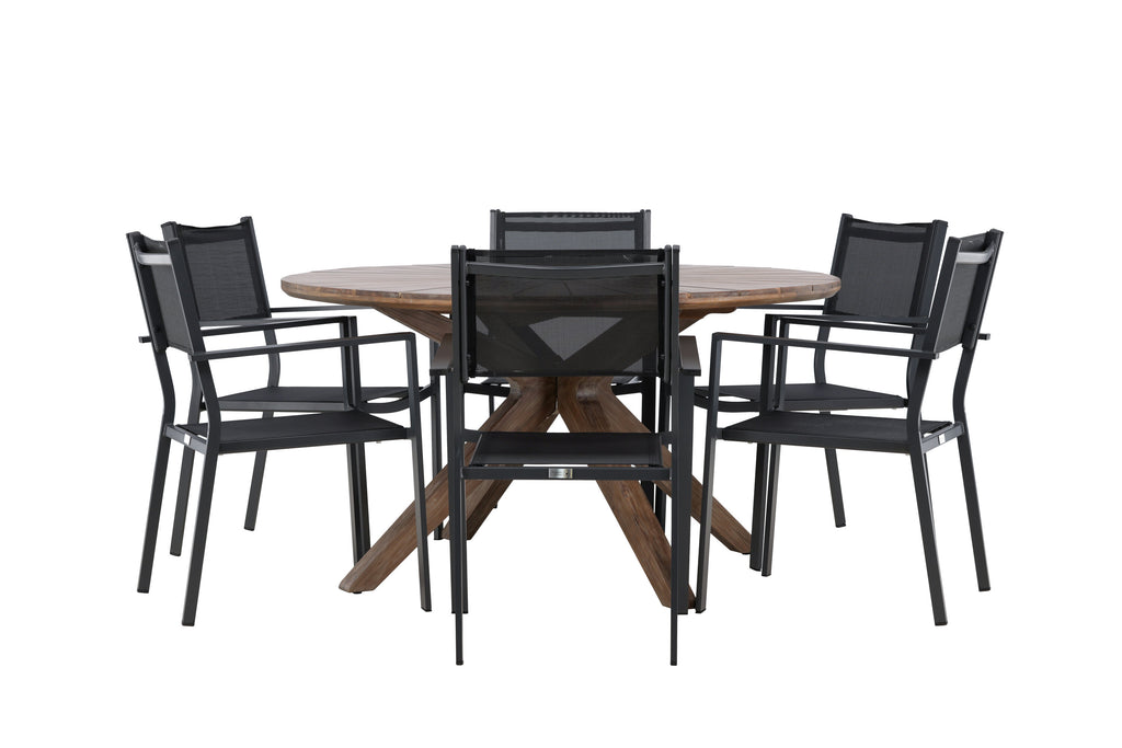 Rosario matgrupp Ø140 cm i teak med svarta Copacabana-stolar