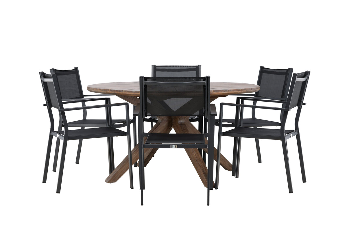Rosario matgrupp Ø140 cm i teak med svarta Copacabana-stolar