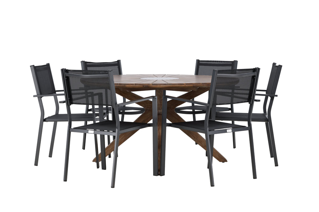 Rosario matgrupp Ø140 cm i teak med svarta Copacabana-stolar