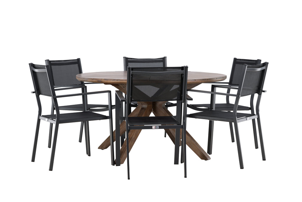 Rosario matgrupp Ø140 cm i teak med svarta Copacabana-stolar