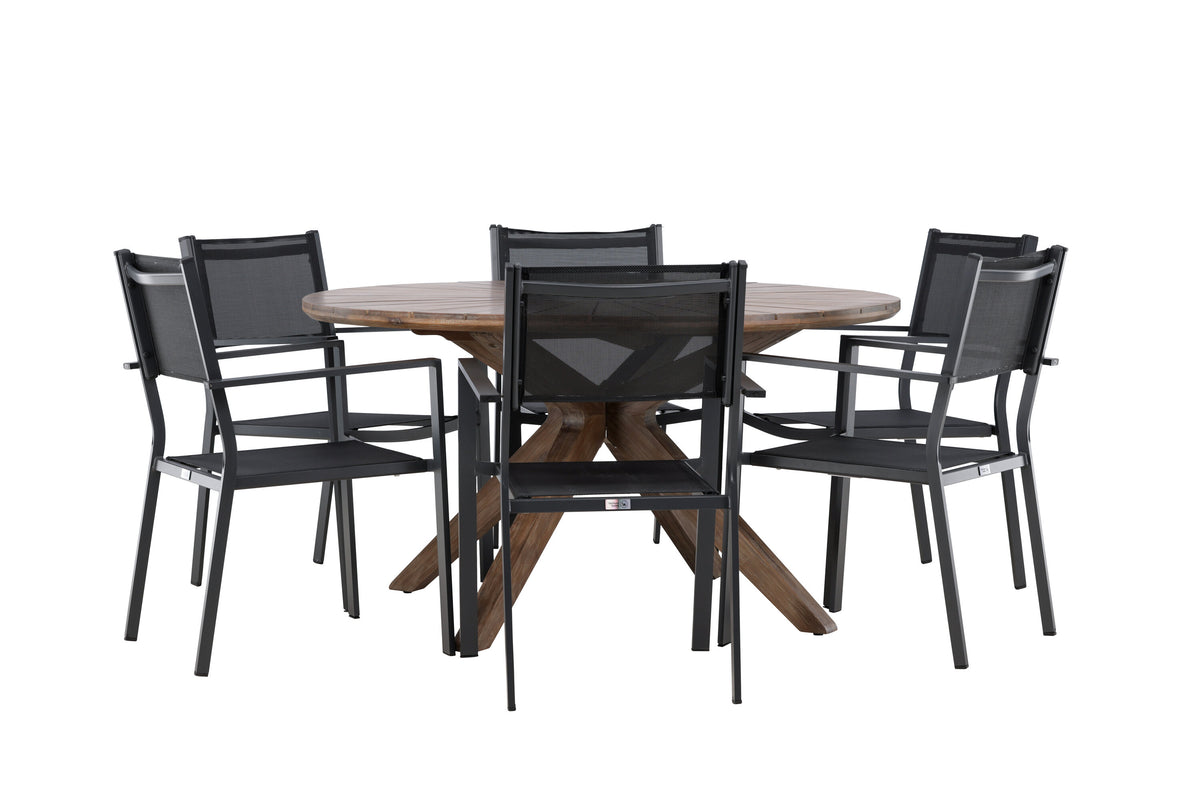 Rosario matgrupp Ø140 cm i teak med svarta Copacabana-stolar