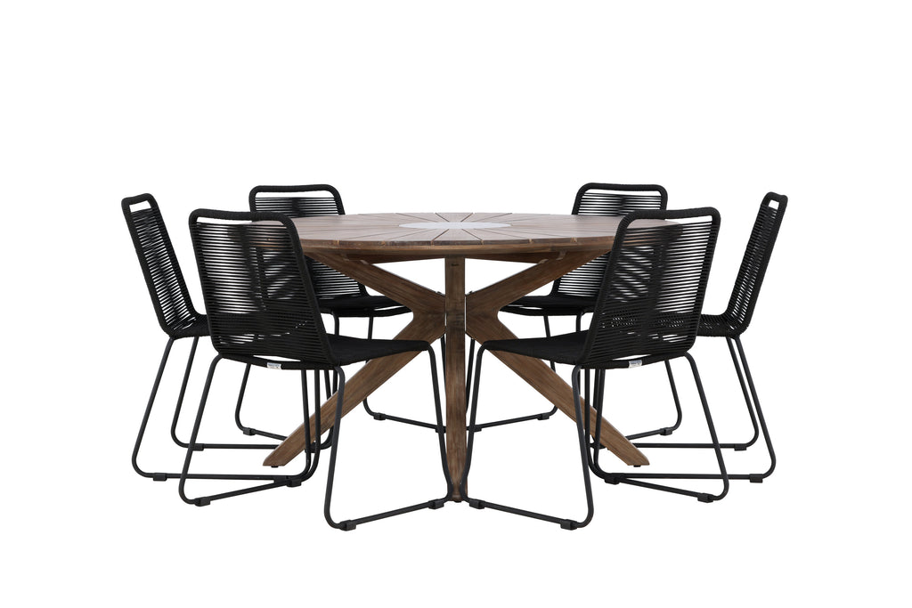 Rosario matgrupp med 6 Lindos stapelstolar Ø140 cm teak/svart
