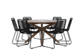Rosario matgrupp med 6 Lindos stapelstolar Ø140 cm teak/svart
