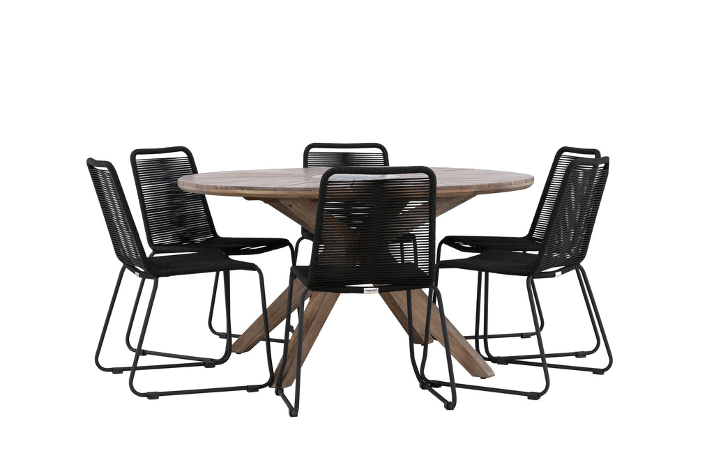 Rosario matgrupp med 6 Lindos stapelstolar Ø140 cm teak/svart