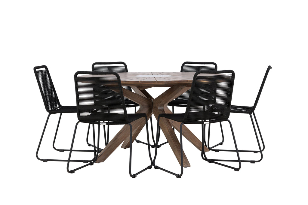 Rosario matgrupp med 6 Lindos stapelstolar Ø140 cm teak/svart