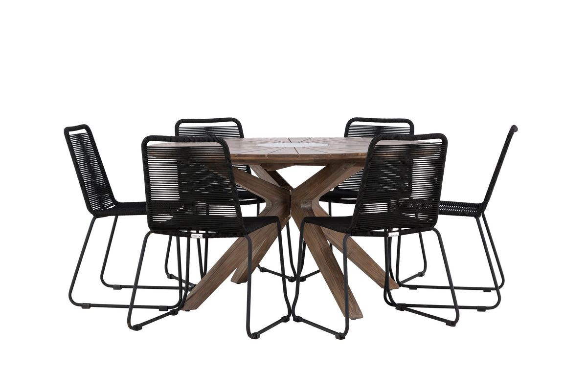 Rosario matgrupp med 6 Lindos stapelstolar Ø140 cm teak/svart