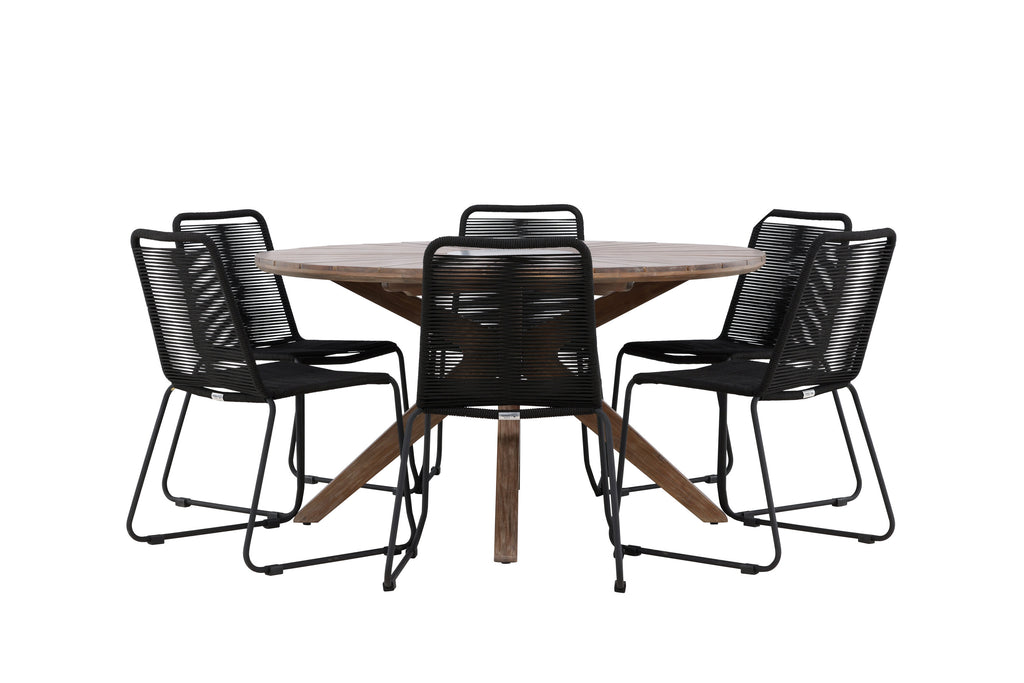 Rosario matgrupp med 6 Lindos stapelstolar Ø140 cm teak/svart