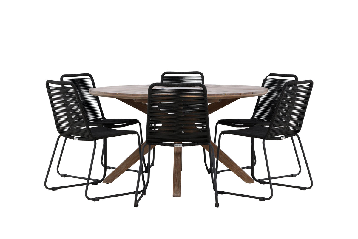 Rosario matgrupp med 6 Lindos stapelstolar Ø140 cm teak/svart