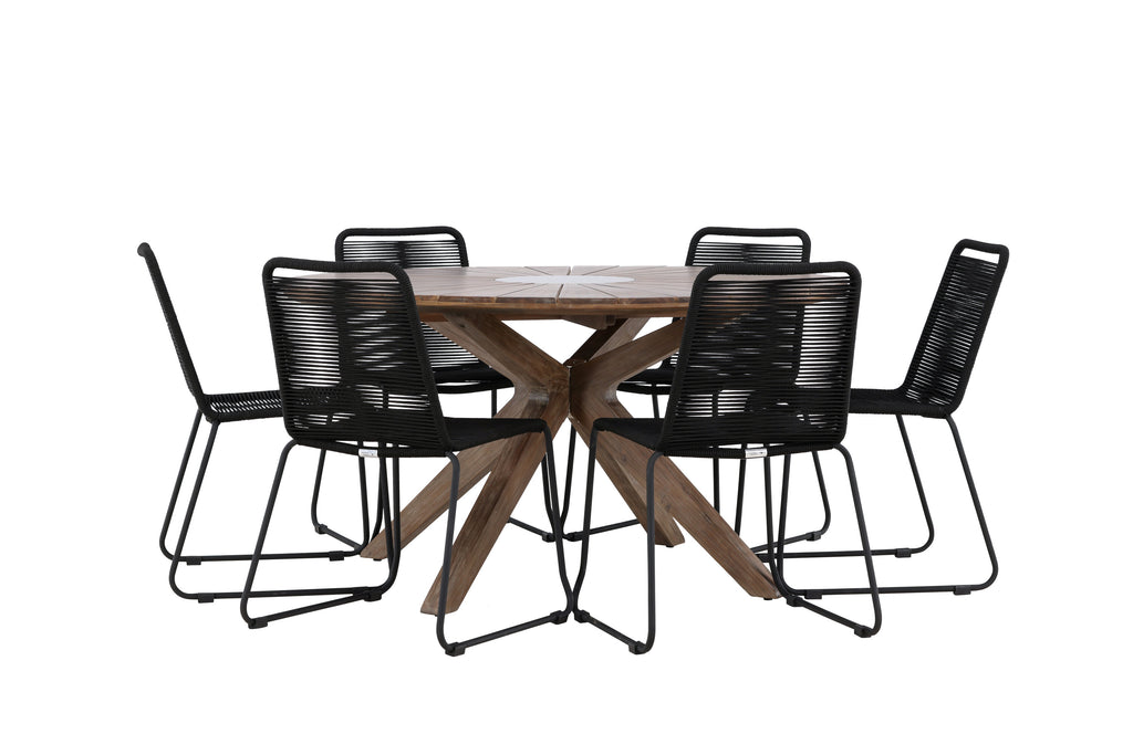 Rosario matgrupp med 6 Lindos stapelstolar Ø140 cm teak/svart