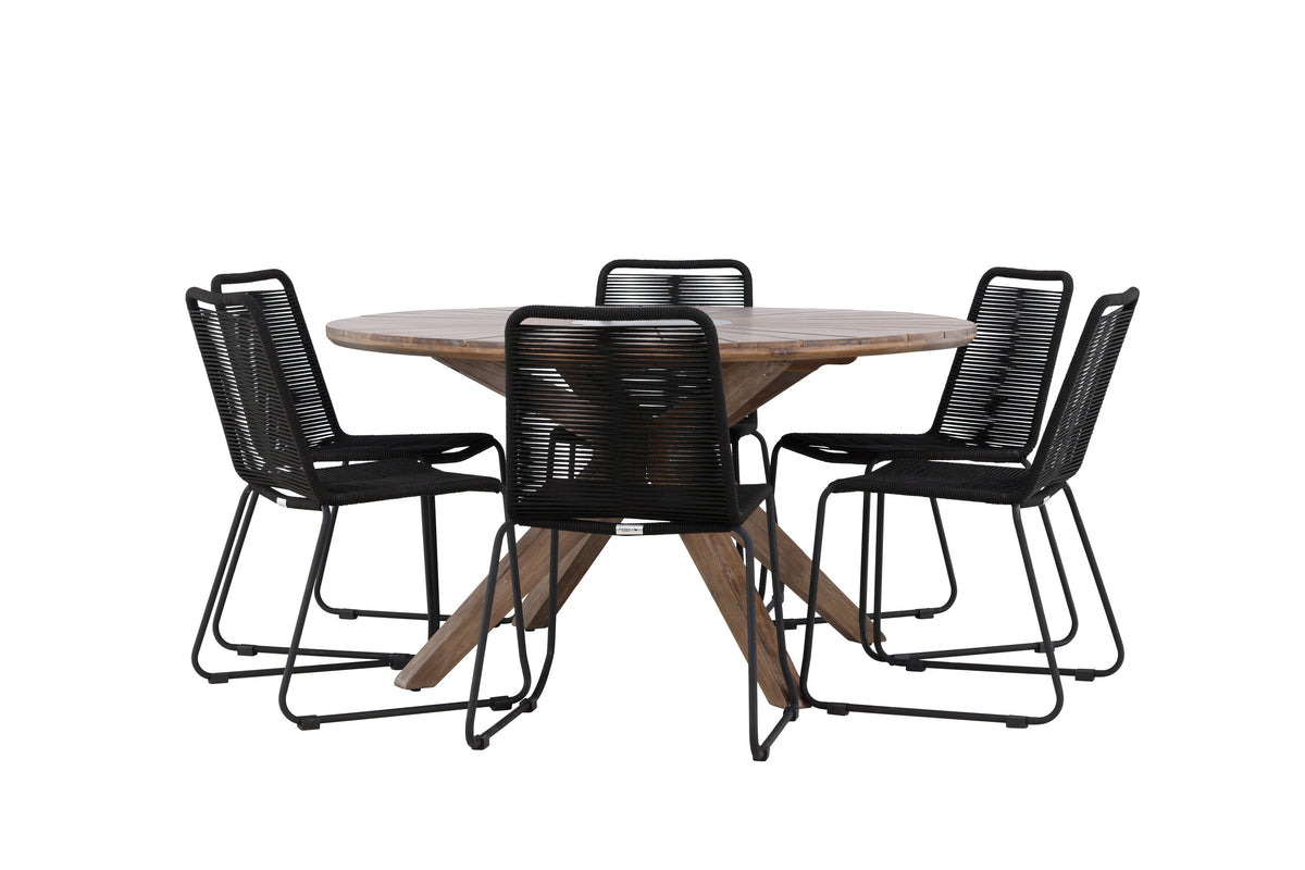 Rosario matgrupp med 6 Lindos stapelstolar Ø140 cm teak/svart
