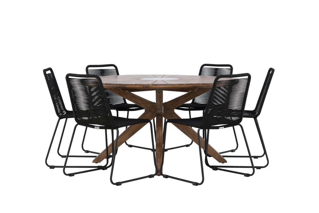Rosario matgrupp med 6 Lindos stapelstolar Ø140 cm teak/svart