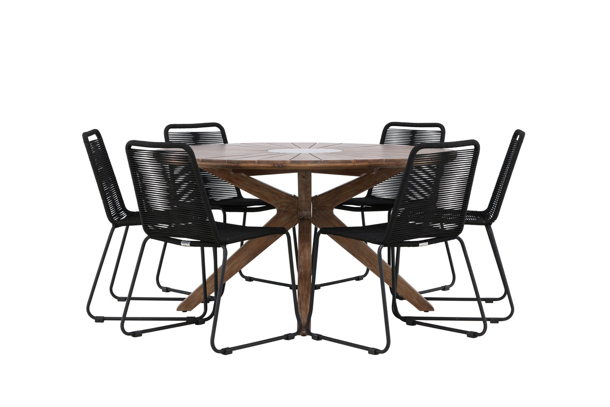 Rosario matgrupp med 6 Lindos stapelstolar Ø140 cm teak/svart