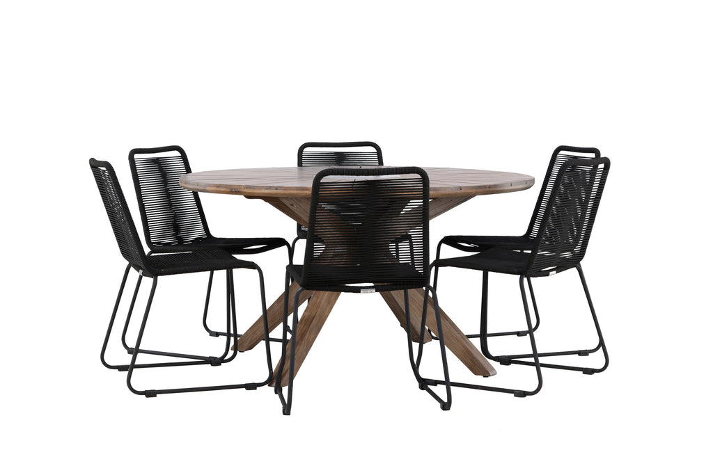 Rosario matgrupp med 6 Lindos stapelstolar Ø140 cm teak/svart