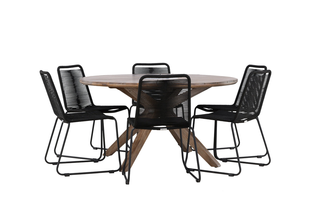 Rosario matgrupp med 6 Lindos stapelstolar Ø140 cm teak/svart