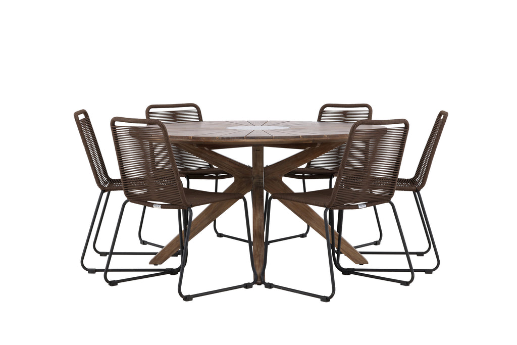 Rosario matgrupp med 6 Lindos matstolar Ø140 cm teak/svart