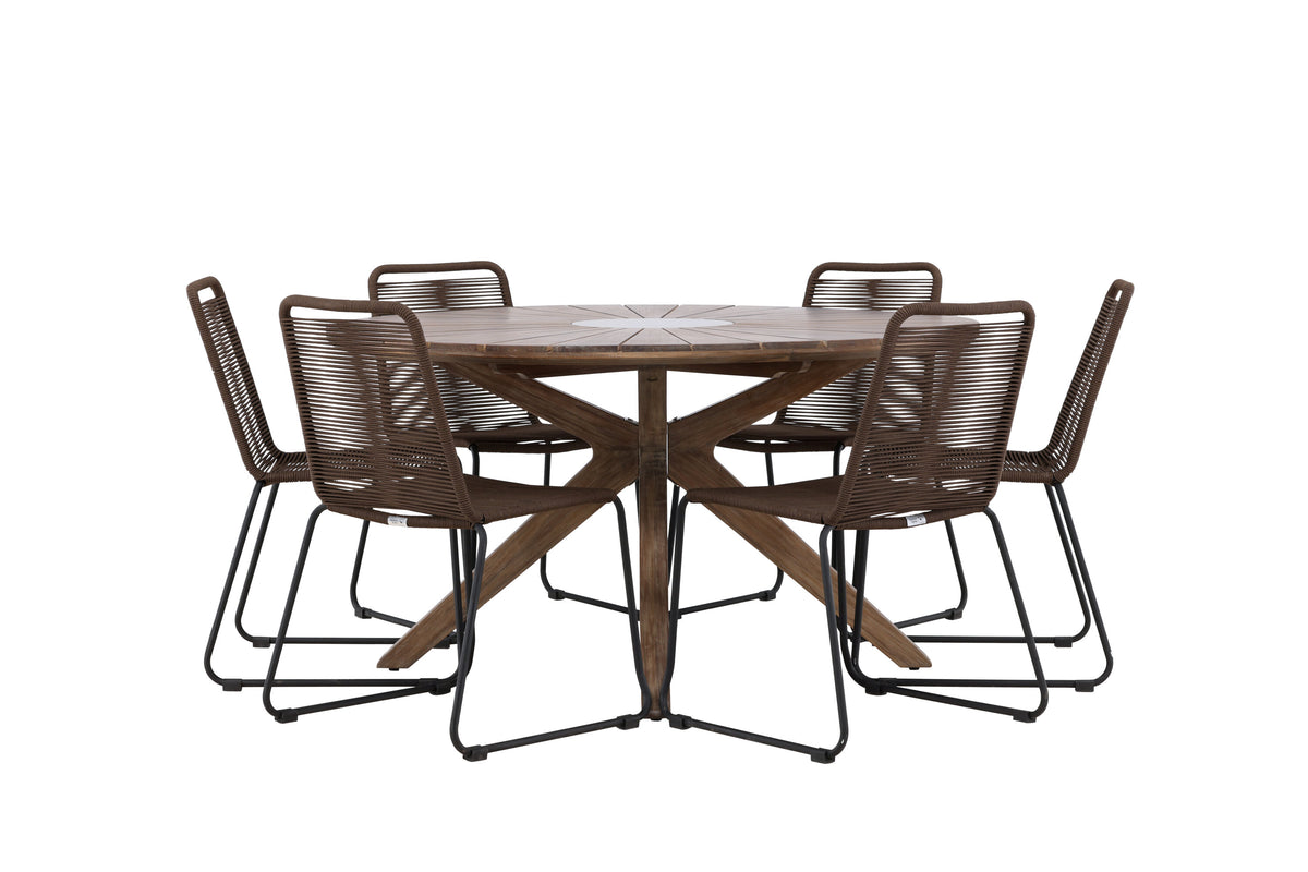 Rosario matgrupp med 6 Lindos matstolar Ø140 cm teak/svart