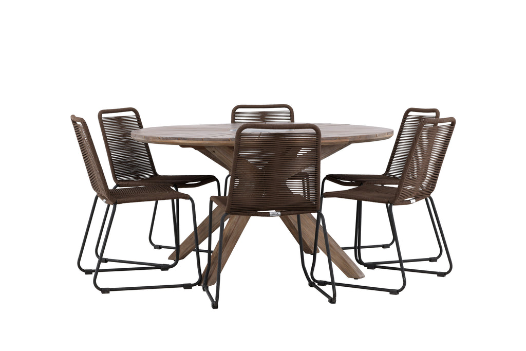 Rosario matgrupp med 6 Lindos matstolar Ø140 cm teak/svart