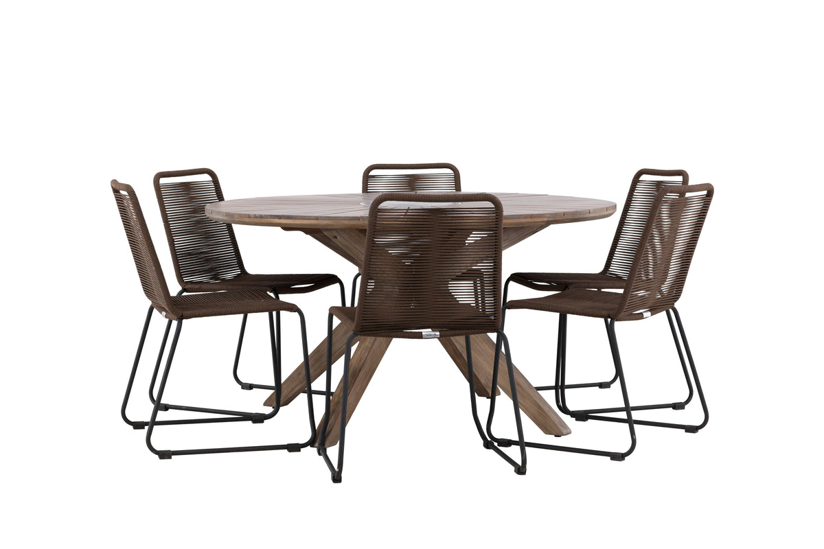 Rosario matgrupp med 6 Lindos matstolar Ø140 cm teak/svart