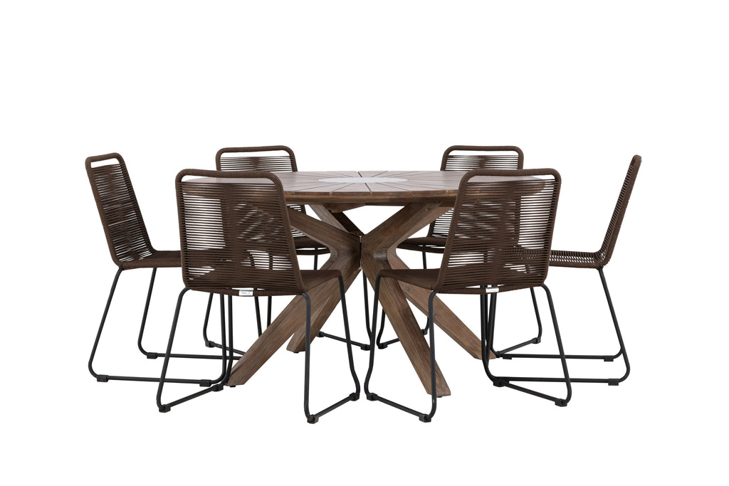 Rosario matgrupp med 6 Lindos matstolar Ø140 cm teak/svart
