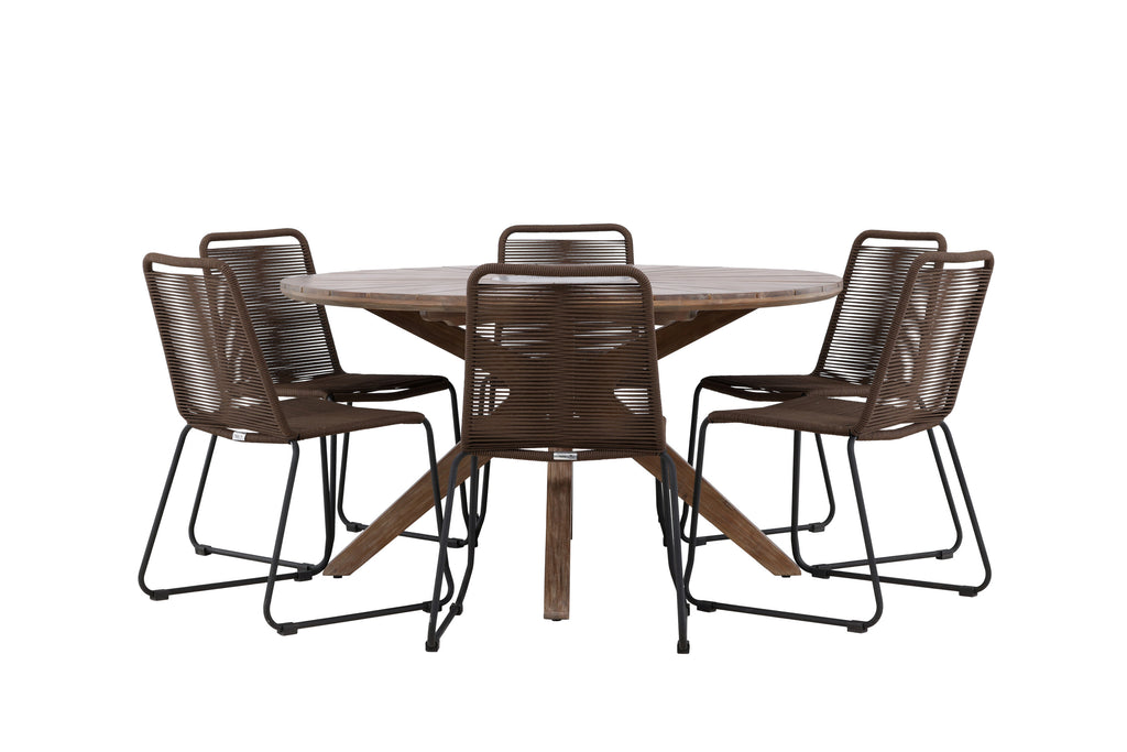 Rosario matgrupp med 6 Lindos matstolar Ø140 cm teak/svart