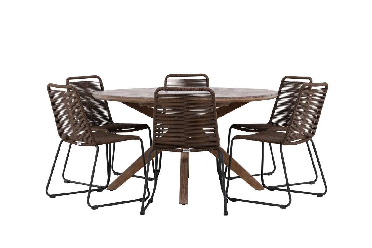 Rosario matgrupp med 6 Lindos matstolar Ø140 cm teak/svart
