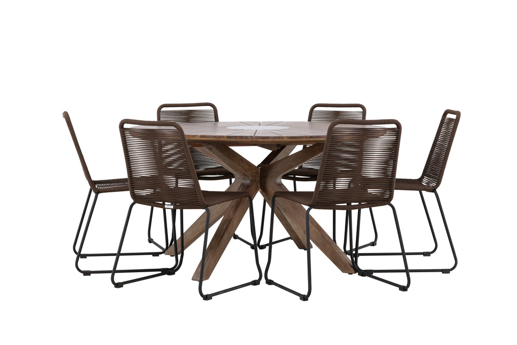 Rosario matgrupp med 6 Lindos matstolar Ø140 cm teak/svart