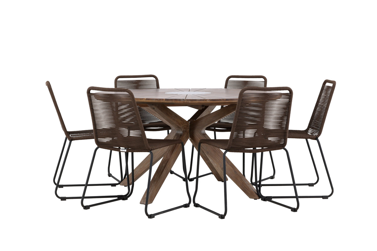 Rosario matgrupp med 6 Lindos matstolar Ø140 cm teak/svart