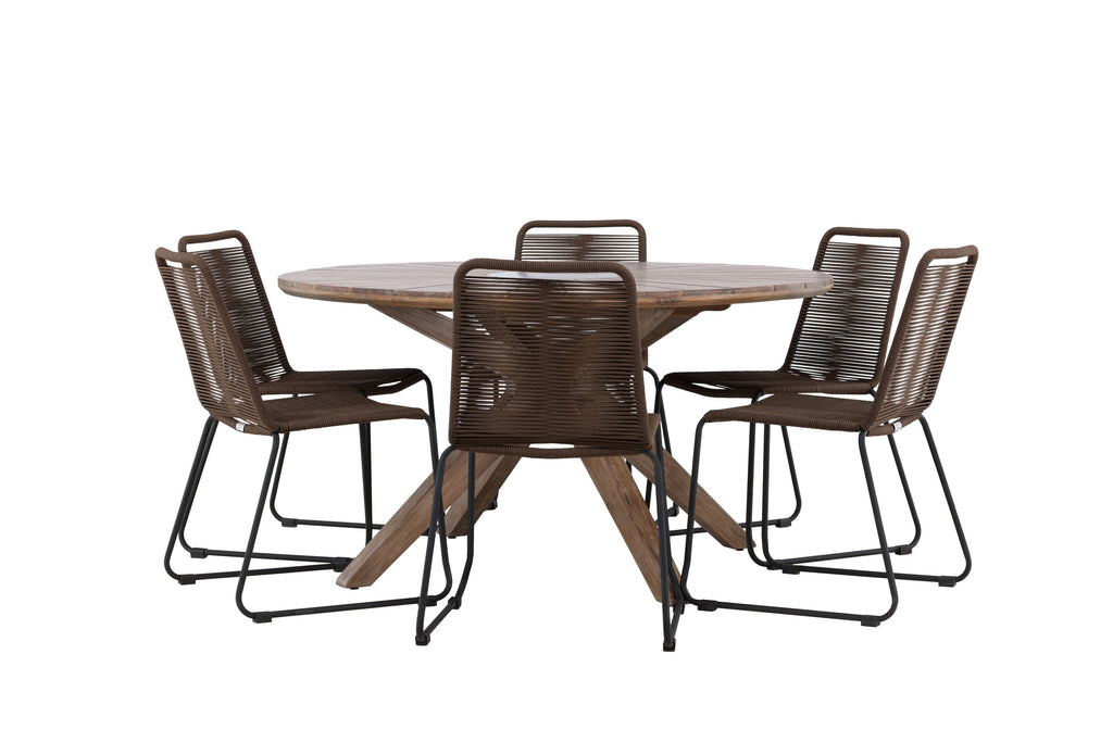 Rosario matgrupp med 6 Lindos matstolar Ø140 cm teak/svart