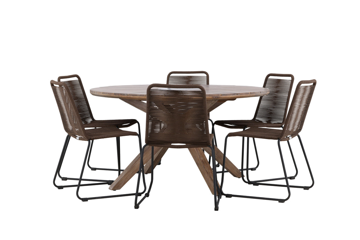 Rosario matgrupp med 6 Lindos matstolar Ø140 cm teak/svart