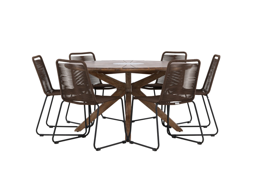 Rosario matgrupp med 6 Lindos matstolar Ø140 cm teak/svart
