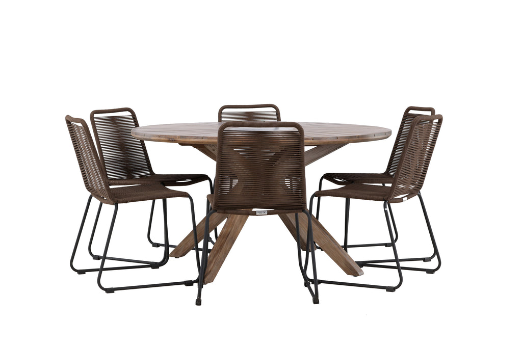 Rosario matgrupp med 6 Lindos matstolar Ø140 cm teak/svart